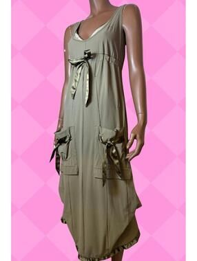 MC Planet Fatigue Green Midi Dress with Satin Bow Accents military style M